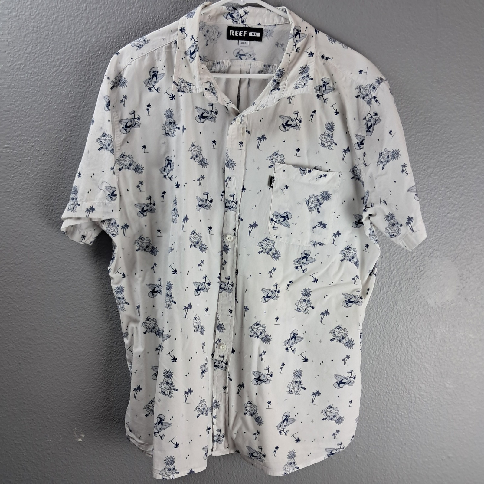 Reef Mens Pineapple Surfer Button Up Hawaiian Shirt Short Sleeve White Xl